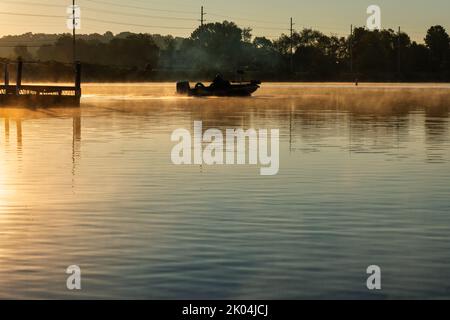 Ein Mann gehen Bass Fishing in einem Bass-Boot am frühen Morgen Sonnenaufgang auf einem nebligen Zeit Ford Lake in Tennessee. Stockfoto