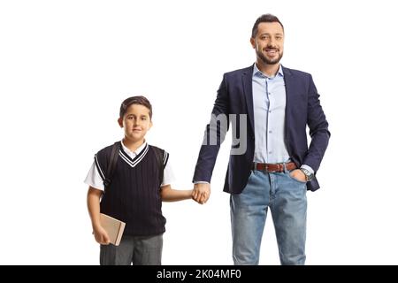 Vater und Schuljunge halten die Hände isoliert auf weißem Hintergrund Stockfoto