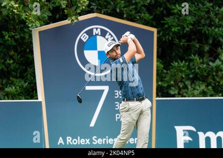 Virginia Water, Großbritannien. 08. September 2022. Sebastian Garcia Rodriguez (ESP) 7. Abschlag während der BMW PGA Championship 2022 Tag 1 im Wentworth Club, Virginia Water, Großbritannien, 8.. September 2022 (Foto von Richard Washbrooke/News Images) in Virginia Water, Großbritannien am 9/8/2022. (Foto von Richard Washbrooke/News Images/Sipa USA) Quelle: SIPA USA/Alamy Live News Stockfoto