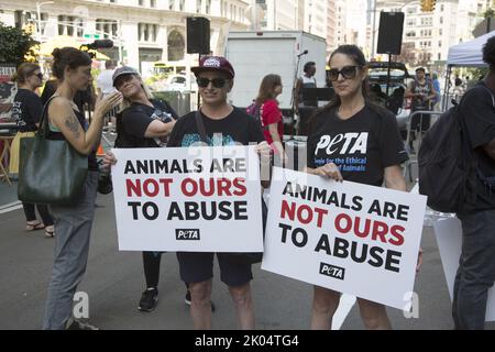 Veganer und andere Aktivisten kommen zu einem jährlichen Tierrechtsmarsch am Broadway in Manhattan, New York City. Stockfoto