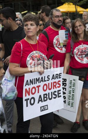 Veganer und andere Aktivisten kommen zu einem jährlichen Tierrechtsmarsch am Broadway in Manhattan, New York City. Stockfoto