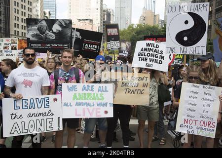 Veganer und andere Aktivisten kommen zu einem jährlichen Tierrechtsmarsch am Broadway in Manhattan, New York City. Stockfoto