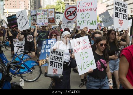 Veganer und andere Aktivisten kommen zu einem jährlichen Tierrechtsmarsch am Broadway in Manhattan, New York City. Stockfoto