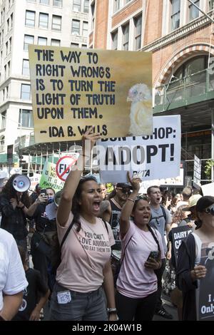 Veganer und andere Aktivisten kommen zu einem jährlichen Tierrechtsmarsch am Broadway in Manhattan, New York City. Stockfoto