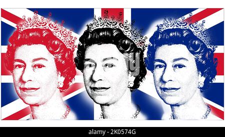 Königin Elizabeth II., Tribut mit Zeichnung der Silhouette des Gesichts der Königin mit den drei Farben der Flagge des vereinigten Königreichs. Stockfoto