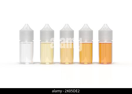 Illustration der Nikotinfarben von Vape Juice nebeneinander, der Phasen der Entfärbung oder der Nikotinqualität. 3D Rendern. Stockfoto