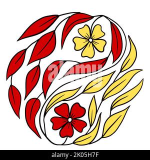 Handgezeichnete Illustration des floralen Yin Yang chinesischen Konzepts mit rot gelben Blüten Blatt Blätter. Elegante runde Komposition mit hellen Laub Natur Elemente, Blüte Blüte symbolische Ornament einfache Minimalismus-Design Stockfoto