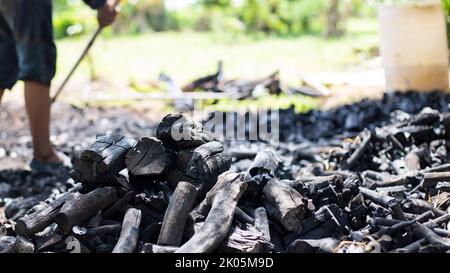 Natürliche Holzkohle Hartholz Holzkohle auf weißem Hintergrund. Stockfoto