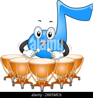 Illustration von Acht-Noten-Maskottchen mit Holzstab, der Paukentrommel spielt Stockfoto