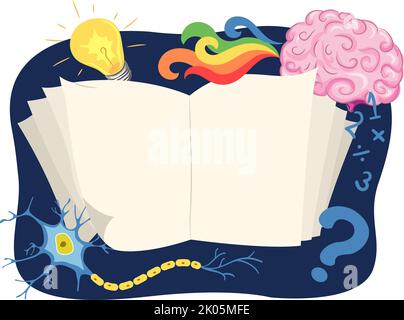 Illustration des offenen Buches über das Gehirn mit Glühbirne, mathematischen Zahlen, Fragezeichen und Neuronenzelle Stockfoto