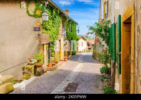 In der Straße des mittelalterlichen Dorfes Ternand in Frankreich an einem sonnigen Tag Stockfoto