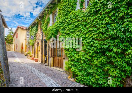 In der Straße des mittelalterlichen Dorfes Ternand in Frankreich an einem sonnigen Tag Stockfoto