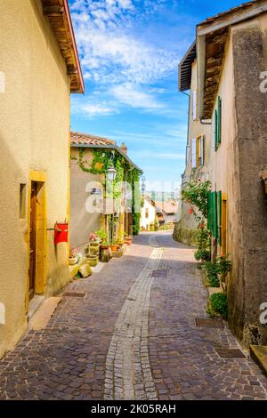 In der Straße des mittelalterlichen Dorfes Ternand in Frankreich an einem sonnigen Tag Stockfoto