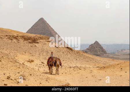 Kairo/Ägypten. 08/28/2022. Reiseleiter auf dem Kamel mit Blick auf die Pyramide von Menkaura und die Stadt Kairo Stockfoto