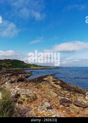 Die zerklüfteten Finger der Sandsteinfelsen ragen von Buddo Ness auf dem Fife Coastal Path an einem Summers Morning in die St Andrews Bay. Stockfoto