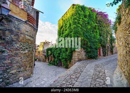 Alte Steinhäuser mit grünen Reben im malerischen Dorf Peratallada, Girona, Spanien. Stockfoto