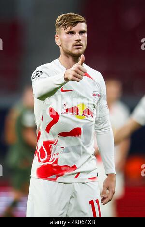 Leipzig, Deutschland. 06. September 2022. Fußball: Champions League, Gruppenphase, Gruppe F, Matchday 1 RB Leipzig - Shakhtyor Donetsk. Leipzigs Spieler Timo Werner Gesten. Quelle: Jan Woitas/dpa/Alamy Live News Stockfoto