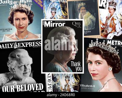Britische Zeitungen, die den Tod von Königin Elizabeth II am 8.. September 2022 markieren. Die gezeigten Papiere wurden einen Tag später am 9.. September veröffentlicht. Stockfoto