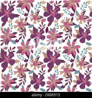 Nahtlose Winter Blumenmuster Musterillustration. Spray Textur Mauve, lila, beige, blaue Farbe. Blumen, Blätter, Zweig und Knospen. Textil, Papier Stockfoto