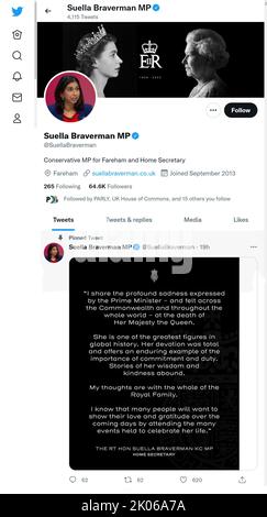 Twitter-Seite (September 2022) der Abgeordneten Suella Braverman. Innenministerin, kurz nach dem Tod von Königin Elizabeth II Stockfoto