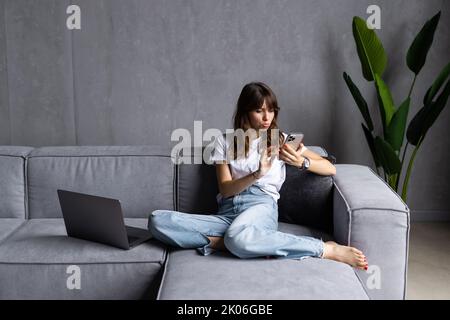 Foto von konzentrierten Mädchen arbeiten zu Hause verwenden Smartphone rufen ihr Kragen entscheiden Job Lösung sitzen Komfort Freizeit Wochenende entspannen Couch im Haus indoo Stockfoto