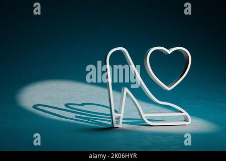 Schöne abstrakte Illustrationen Hochzeitsschuhe mit Herz Symbol Symbol auf einem dunkelblauen Hintergrund. 3D Rendering-Illustration. Hochzeitstag. Stockfoto