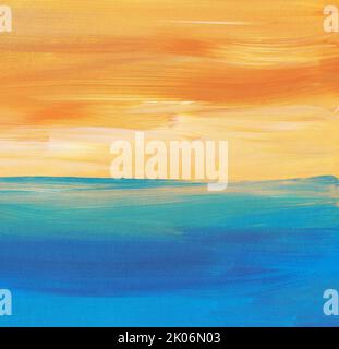 Abstrakte Hintergrundmalerei, blau, orange, türkis. Öl mehrfarbige Pinselstriche auf Papier. Stockfoto