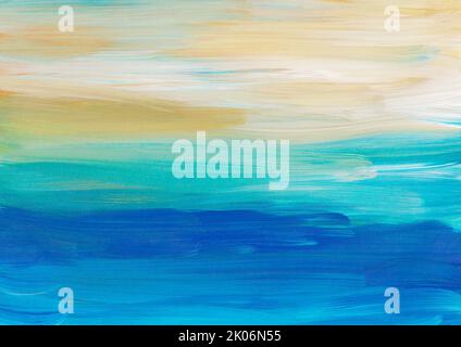 Abstrakte künstlerische Hintergrundtextur. Blaue, türkise, gelbe, weiße Pinselstriche auf Papier. Farbenfrohe, elegante Kunstkulisse, handbemalt