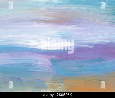 Abstrakte Hintergrundtextur. Hellblaue, gelbe, violette, weiße Malerei. Zeitgenössische Kunst. Pinselstriche auf Papier. Stockfoto