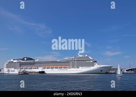 Kreuzschiff MSC Poesia, Versorgungsschiff, Hafen, Warnemünde, Rostock, Mecklenburg-Vorpommern, Deutschland Stockfoto