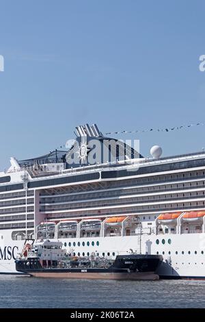 Kreuzschiff MSC Poesia, Versorgungsschiff, Hafen, Warnemünde, Rostock, Mecklenburg-Vorpommern, Deutschland Stockfoto