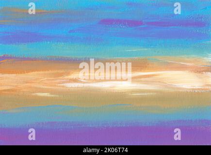 Abstrakter, leuchtend gelber, blau und lila gestreifter Hintergrund. Strukturierte Pinselstriche auf Papier. Minimalistische bunte Ölgemälde. Zeitgenössische Kunst Stockfoto
