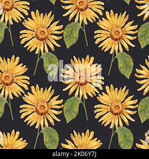 Sonnenblume. Aquarell-Nahtloses Muster mit Sonnenblumenblüten. Sonnenblumen-Illustration. Herbstblumen für Thanksgiving. Herbsternte. Stockfoto