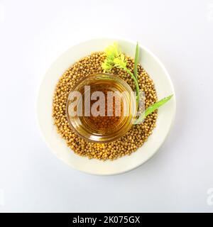 Draufsicht auf Senfkörner, Öl und Blume auf weißem Hintergrund. Nützlich beim Kochen und bei der äußeren Körperpflege. Senfkörner und Senfpflanzen mit Schoten und Stockfoto