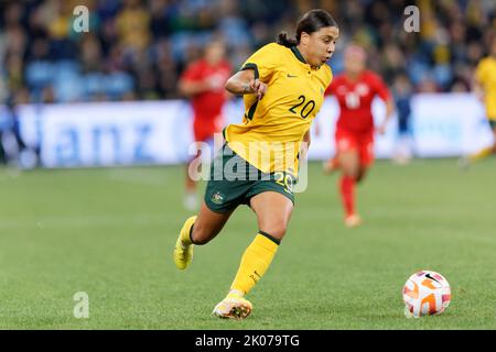 SYDNEY, AUSTRALIEN - 6. SEPTEMBER: Sam Kerr aus Australien läuft mit dem Ball während des International Friendly Match zwischen Australien und Kanada in Alli Stockfoto