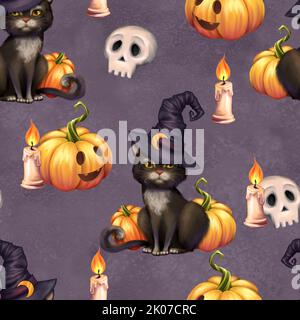 Halloween Nahtloses Muster mit Kürbissen, Katzen, Totenköpfen und Kerzen. Stockfoto