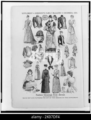 Modeschauen aus dem Ausland, 1889. Kleider, Hüte, Jacken und andere Mode für Frauen und Kinder. Illus in: Demorests Familienmagazin, Dezember 1889, S. 124. Stockfoto