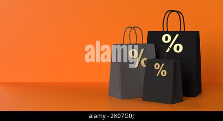Halloween Sale Promotion mit luxuriösen schwarzen Papier Prozent Taschen auf orangenen Hintergrund, Copy Space. Saisonale Shopping-Karte, Webbanner, Verkauf, Rabatt Stockfoto