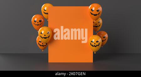 Leere Happy Halloween-Feierkarte mit orangefarbenen, ehrfurchtsvoll lächelnden fliegenden Ballons. Saisonales Webbanner, Verkaufsposter oder Party-Einladungsvorlage auf Dunkelseite Stockfoto