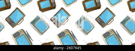 Aquarell-fernseher im Retro-Stil mit Muster auf weißem Hintergrund Stockfoto