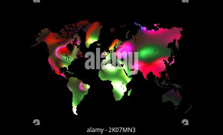 Bunte Weltkarte auf schwarzem Hintergrund, flache Erde, Globus-Weltkarte-Symbol, 3D Rendering Rückweg Stockfoto