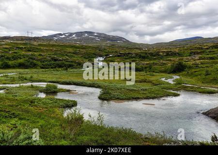 Fjelllandschaft, Wiesen und Wasserfälle im Hochland, Aursjovegen Landschaftstrasse, Aursjovegen, Dovrefjell-Sunndalsfjella Nationalpark, Norwegen Stockfoto