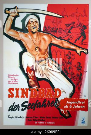 Kinoplakat für die deutsche Fassung des Films Sinbad the Sailor, einem amerikanischen Technicolor-Fantasiefilm aus dem Jahr 1947, in dem ein fiktiver Seefahrer und der Held eines Zyklus aus dem Nahen Osten zu sehen ist Stockfoto
