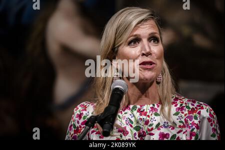 2022-09-09 20:14:59 HOUSTON - Queen Maxima hält eine Rede während eines Empfangs im Museum of Fine Arts. Der viertägige Arbeitsbesuch in den USA wurde im Museum in Anwesenheit von amerikanischen und niederländischen Unternehmen abgeschlossen. ANP BART MAAT niederlande Out - belgien Out Stockfoto