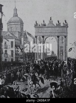 König von Spanien Alfonso XIII in Madrid im Jahr 1876. Alfonso XIII (17. Mai 1886 - 28. Februar 1941), auch bekannt als El Africano oder der Afrikaner, war vom 17. Mai 1886 bis zum 14. April 1931 König von Spanien, als die zweite spanische Republik ausgerufen wurde. Emile Francois Loubet (30. Dezember 1838 - 20. Dezember 1929) war 45. Premierminister von Frankreich von Februar bis Dezember 1892 und später Präsident von Frankreich von 1899 bis 1906 Stockfoto