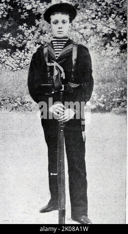 Alfonso XIII als kleiner Junge. König von Spanien Alfonso XIII. (17. Mai 1886 - 28. Februar 1941), auch bekannt als El Africano oder der Afrikaner, war vom 17. Mai 1886 bis zum 14. April 1931 König von Spanien, als die zweite spanische Republik ausgerufen wurde Stockfoto