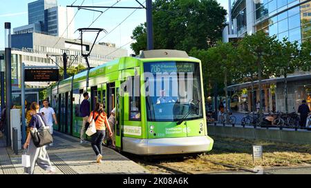 Die Rheinbahn Linie 706 hält an einer Haltestelle vor dem Kaufhaus „Peek & Cloppenburg“ in der Düsseldorfer Innenstadt. Stockfoto