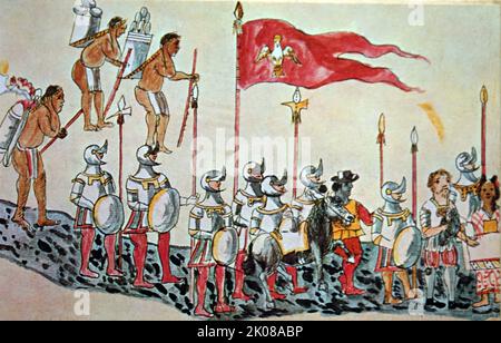 Hernan Cortes de Monroy y y Pizarro Altamirano, 1. Marquess of the Valley of Oaxaca (1485 - 2. Dezember 1547) War ein spanischer Eroberer, der eine Expedition leitete, die den Fall des Azteken-Reiches verursachte und große Teile des heutigen mexikanischen Festlandes unter die Herrschaft des Königs von Kastilien im frühen 16.. Jahrhundert brachte. Das Aquarell aus dem 16.. Jahrhundert zeigt Cortes' Armee beim Marsch auf Mexiko-Stadt Stockfoto