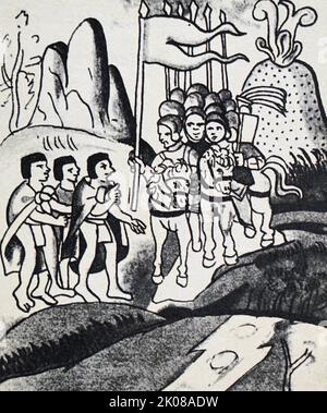 Montezumas Gesandte begrüßen Cortes auf seinem marsch nach Mexiko-Stadt. Moctezuma Xocoyotzin (c. 1466. - 29. Juni 1520) war der neunte Tlatoani von Tenochtitlan und der sechste Huey Tlatoani oder Kaiser des Aztekenreiches. Hernan Cortes de Monroy y y Pizarro Altamirano, 1. Marquess of the Valley of Oaxaca (1485 - 2. Dezember 1547) War ein spanischer Eroberer, der eine Expedition leitete, die den Fall des Azteken-Reiches verursachte und große Teile des heutigen mexikanischen Festlandes unter die Herrschaft des Königs von Kastilien im frühen 16.. Jahrhundert brachte Stockfoto