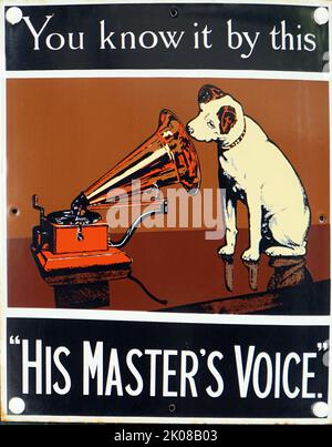 Werbung für His Master's Voice (HMV) war der Name eines großen britischen Plattenlabels, das 1901 von der Gramophone Co. Ltd. Gegründet wurde. Der Satz wurde Ende 1890s als Titel eines Gemäldes geprägt, das einen Terrier-Mischhund namens Nipper darstellt, der ein aufgeschraubtes Plattengrammophon hört und Kippen des Kopfes Stockfoto